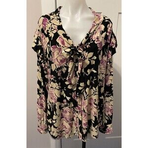 RALPH LAUREN Womens Knit TOP Long Sleeve BLACK Purple Ivory FLORAL Size 2X